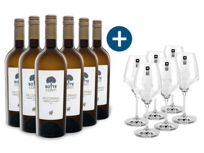 Gehe zu Vollbildansicht: 6 x 0,75-l-Flasche Weinpaket Pecorino Terre di Chieti IGT trocken, Weißwein + Leonardo Weißweingläser - Bild 1