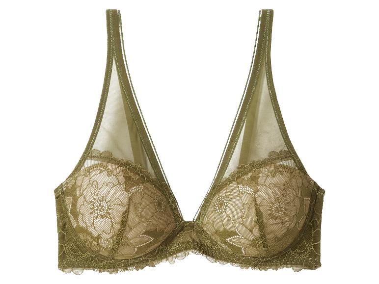 Ein olivgrüner Spitzen-BH mit transparenten Trägern und Cups.