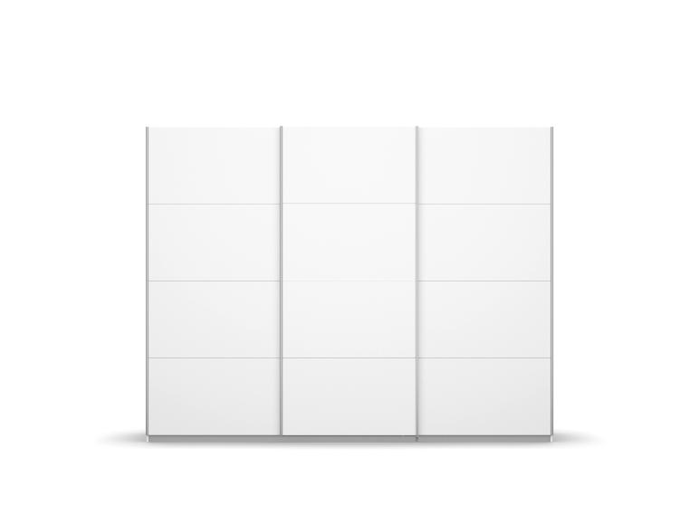 Weißer Kleiderschrank mit drei Schiebetüren, minimalistischer Stil.