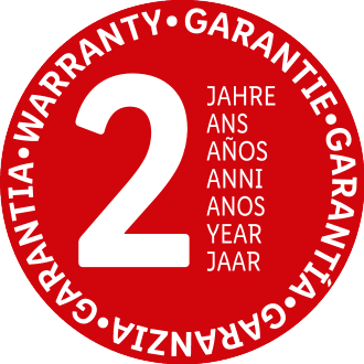2-Jahres-Garantiesiegel mit dem Text „WARRANTY GARANTIE GARANTIA GARANZIA“ und „JAHRE ANS AÑOS ANNI ANOS YEAR JAAR“.