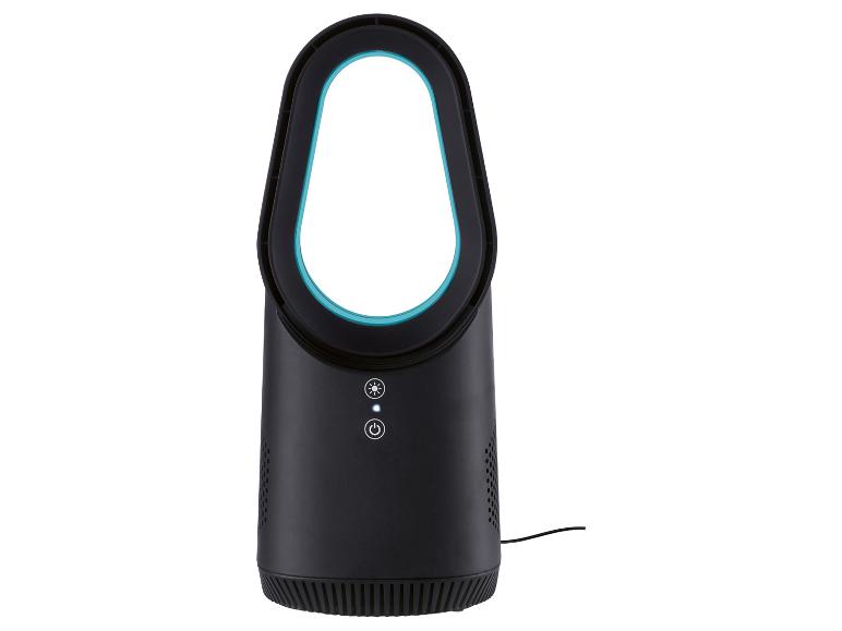 Schwarzer Ventilator und Luftreiniger mit türkisfarbenem Rahmen.