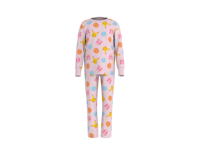Rosa zweiteiliger Kinderpyjama mit bunten Cartoon-Motiven.