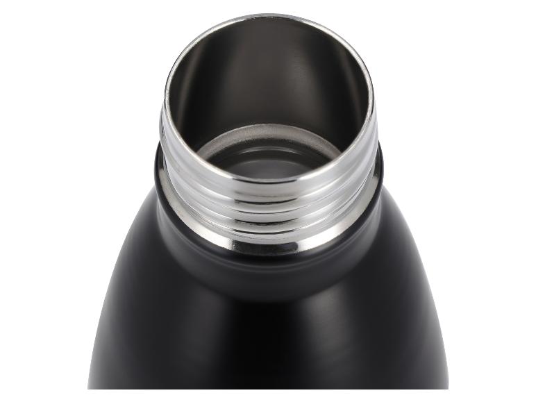 Oberer Teil einer schwarzen Thermosflasche mit silberner Metallöffnung