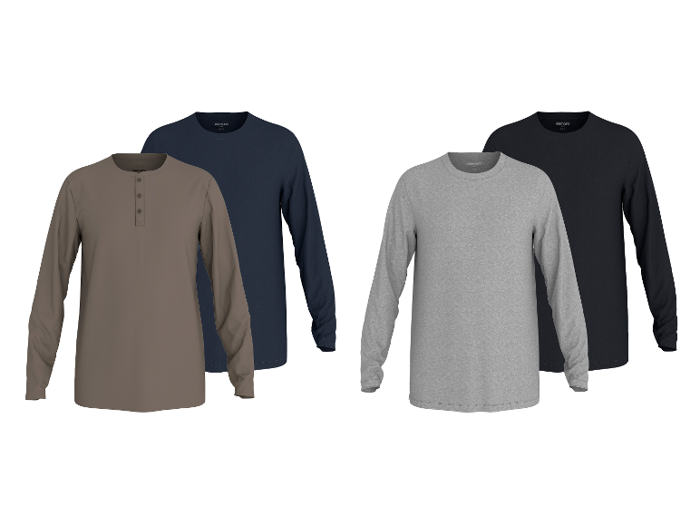 Herren-Langarmshirts: zwei graue und zwei dunkelblaue, eines mit Knöpfen.