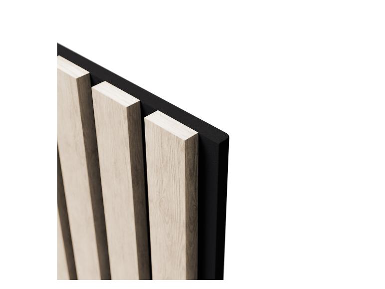 Detail einer Holzverkleidung mit schwarzen Akzenten.