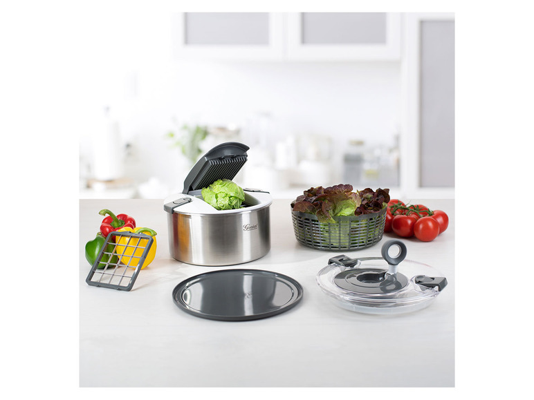 Ein Genio Salatschleuder-Set mit Zubehör, darunter ein Korb, ein Deckel und ein Schneidewerkzeug.
