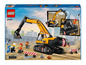 LEGO City Set mit einem gelben Bagger mit beweglichem Arm und drei Minifiguren.