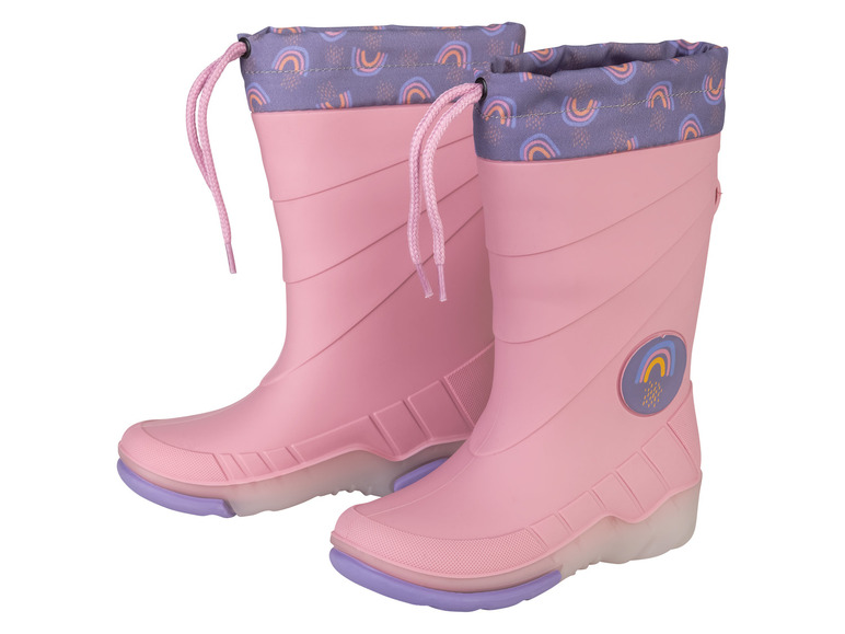 Rosa Regenboots mit Regenbogenmuster