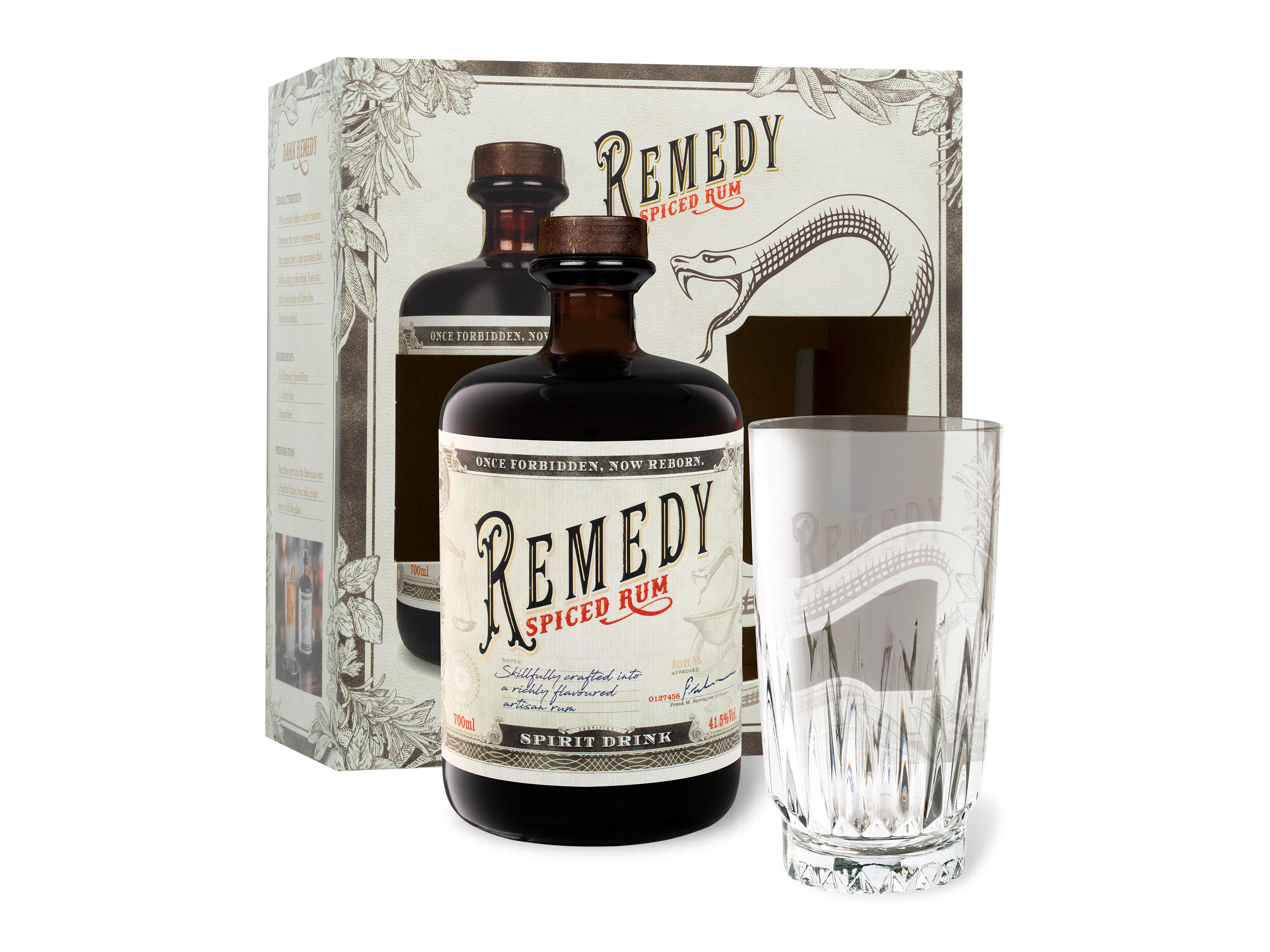 Remedy Spiced Rum 41,5% Vol mit Geschenkbox + Highball Glas