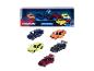 Spielzeugauto-Set mit sechs verschiedenen Modellen, einige mit zu öffnenden Türen, und einer Displaybox.