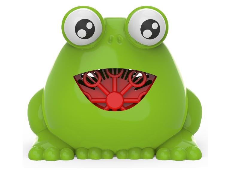 Grüner Spielzeugfrosch mit großen Augen und rotem Mund