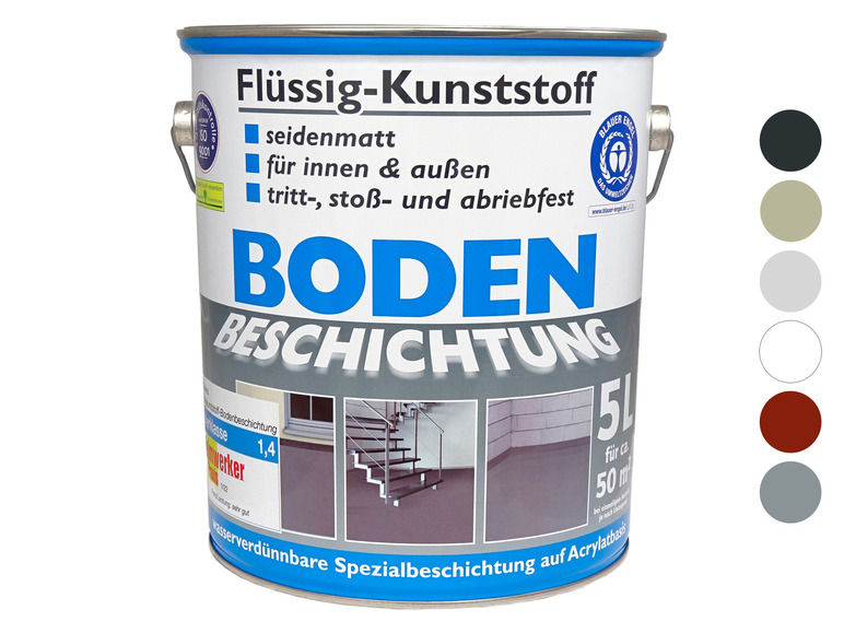 Eine Dose Flüssigkunststoff für Bodenbeschichtung, geeignet für innen und außen.