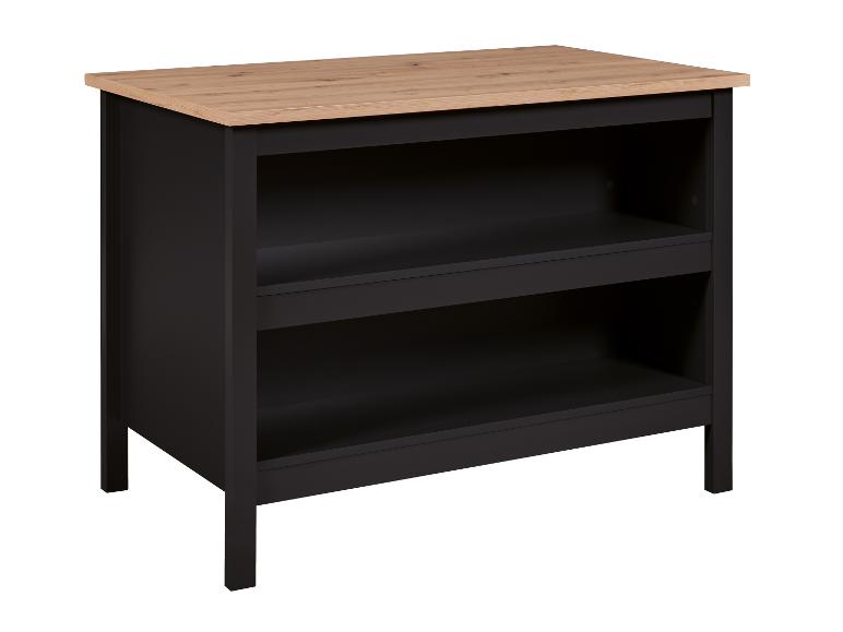 Schwarzer Schrank mit zwei offenen Regalböden und heller Holzplatte.
