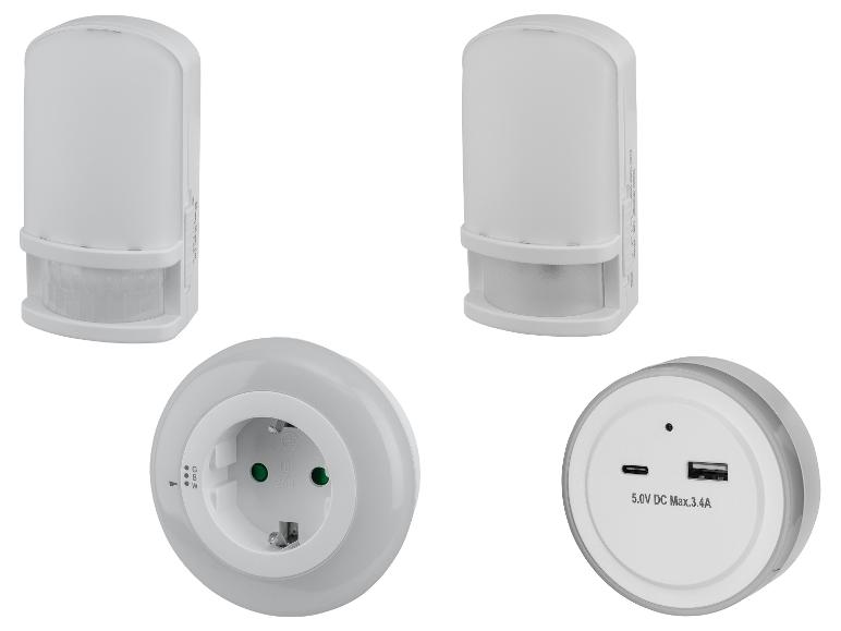 Nachtlicht mit Bewegungssensor, Steckdose und USB-Ladeanschlüssen.