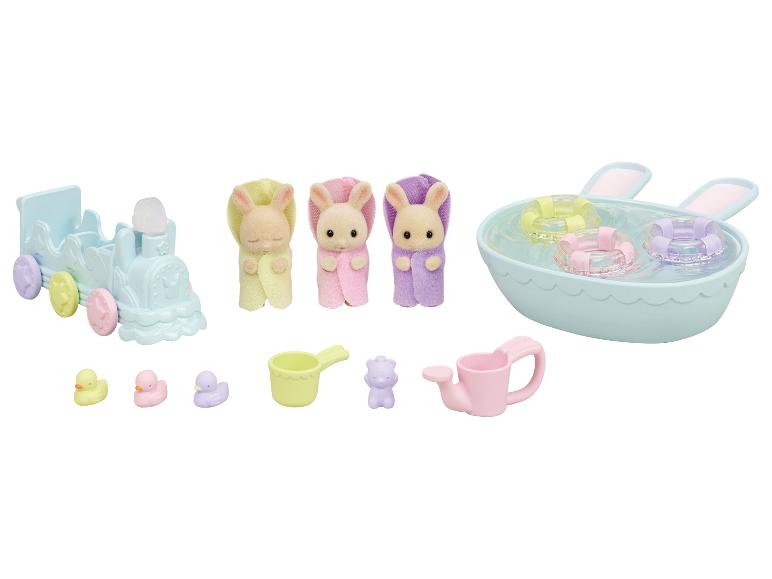 SYLVANIAN FAMILIES Milchhasen Bade Spielset: Hasen, Badewanne, Zug und Badespielzeug.