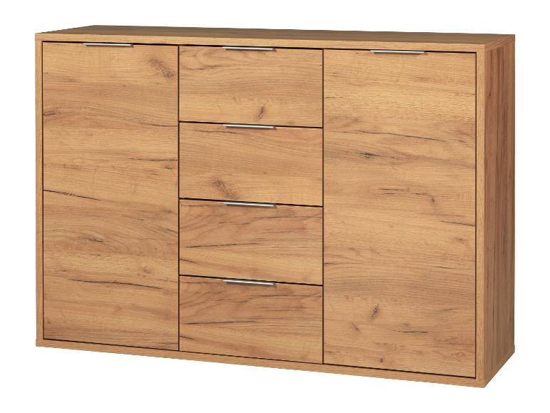 Ein Holz-Sideboard mit zwei Türen und vier Schubladen.