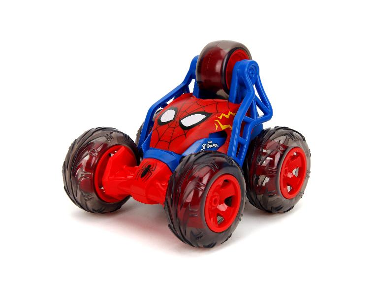 Rot-blaues Spider-Man Spielzeugauto mit großen Rädern.