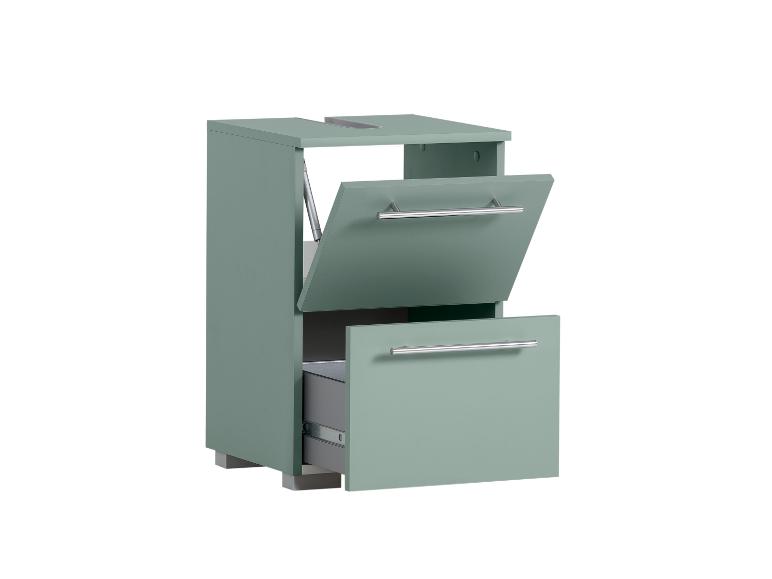 Grüner Badezimmerschrank mit zwei offenen Schubladen