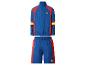 Blauer Trainingsanzug mit roten und gelben Details, Jacke und Shorts.