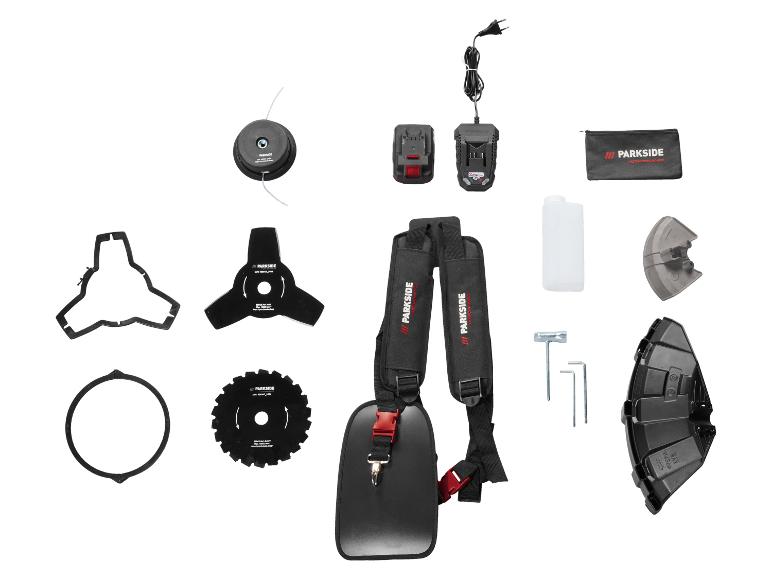 Parkside Rasentrimmer-Zubehör mit Klingen, Ladegerät, Akku, Gurt und Werkzeugen.