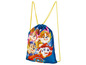 Ein blauer Paw Patrol Rucksack mit gelben Kordeln.