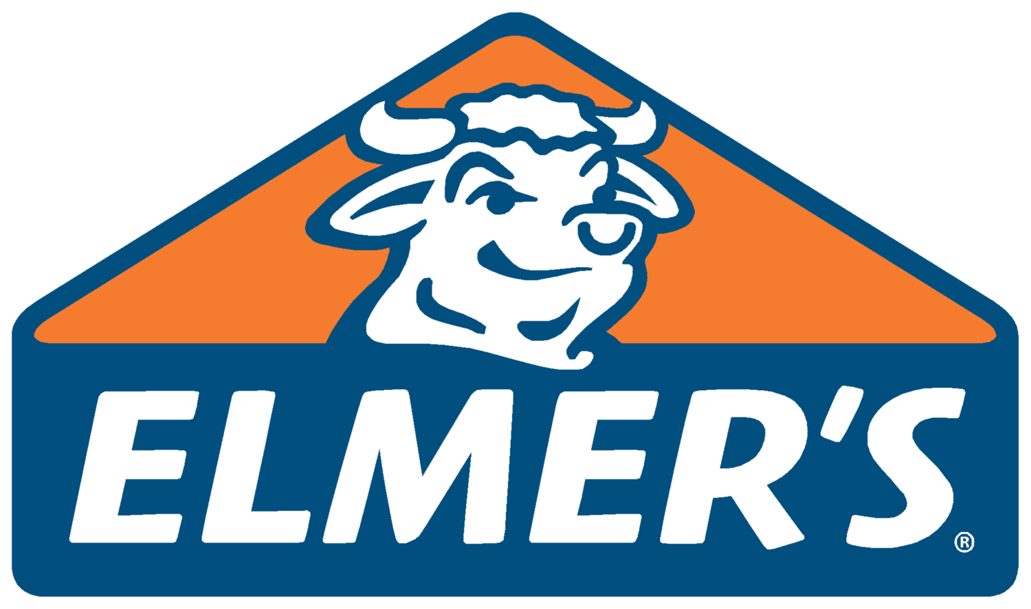Lächelnder Kuhkopf auf orange-blauem Hintergrund mit dem Text „ELMER'S“.