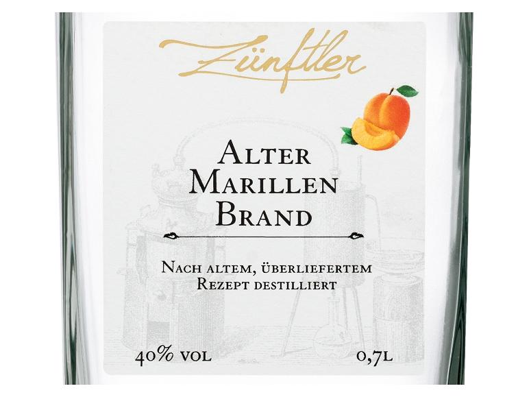 Zünftler Alter Marillen Brand, 40% vol, 0,7L Flasche mit Aprikosenillustration