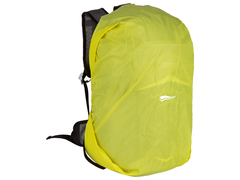Ein gelber Regenschutz für einen Rucksack.