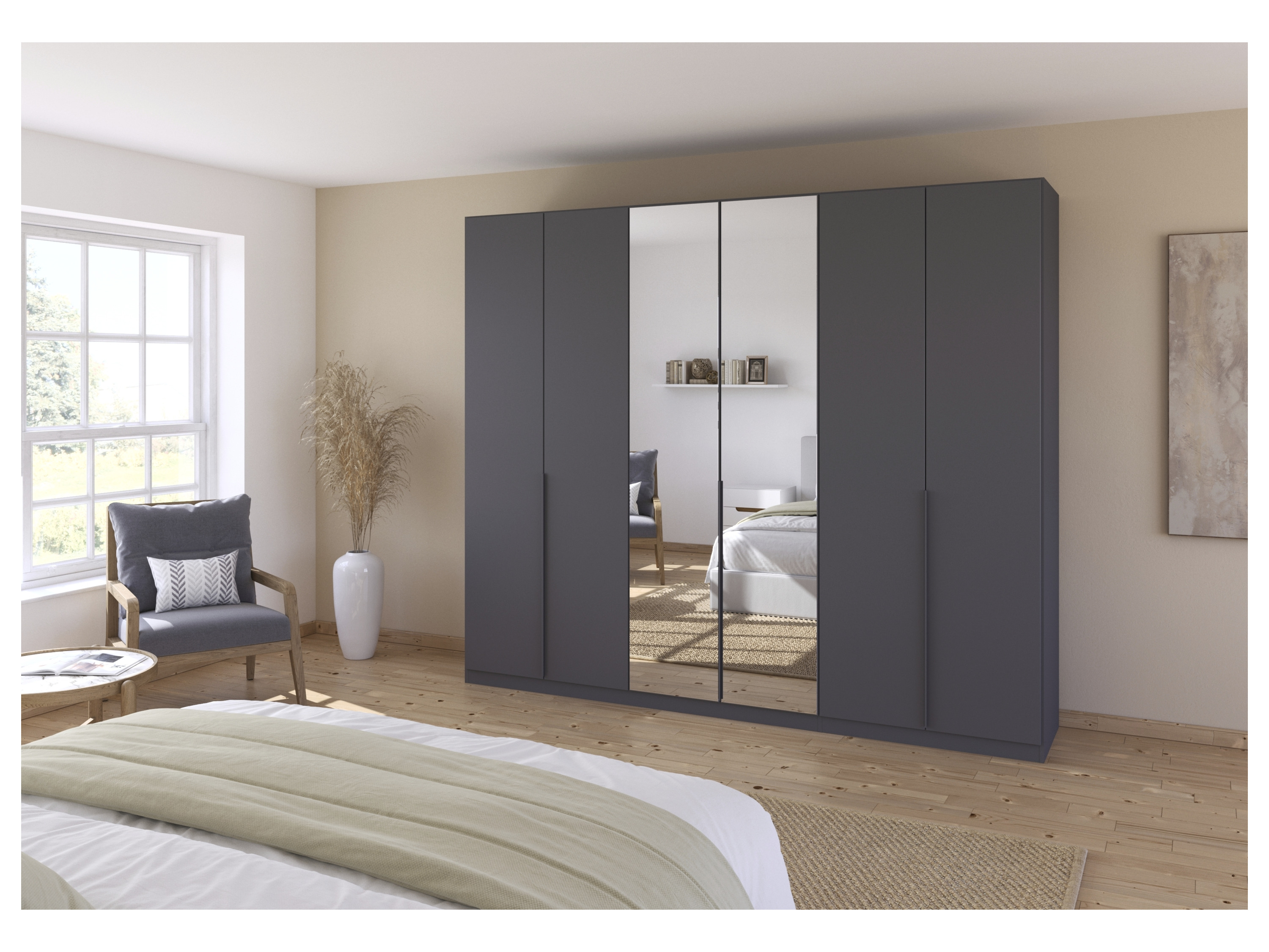 RAUCH ORANGE Drehtürenschrank Alabama mit Spiegel (Classic-Zubehör, Graumetallic, Griffe Grau, 271 x 229 cm) – Bild 2 von 4