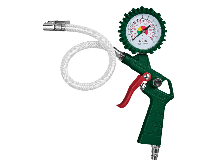 Reifenfüllpistole mit Manometer und Schlauch.