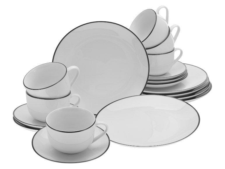 Weiße Tassen und Teller mit schwarzem Rand.