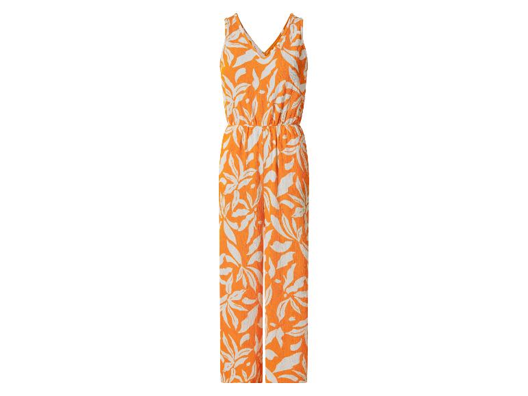 Damen-Overall in Orange mit weißem Blättermuster.