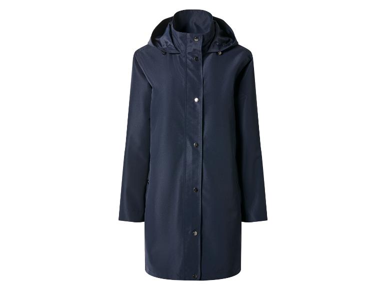 Dunkelblaue Damen-Regenjacke mit Kapuze und Druckknöpfen.