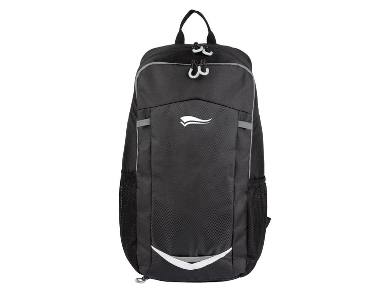 Ein schwarzer Rucksack mit einem weißen Logo.