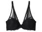 Schwarzer Spitzen-BH mit dreieckigen Cups und transparenten Mesh-Details.