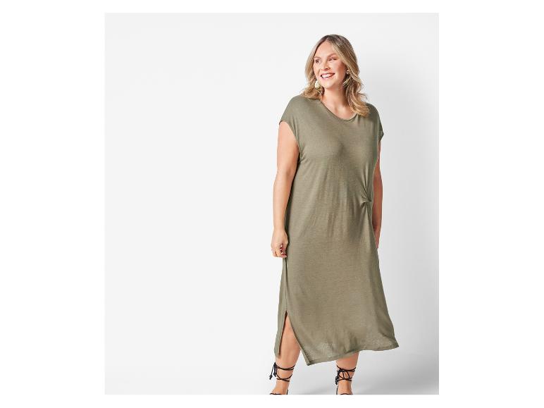 Khaki-farbenes Midikleid, legerer Stil.