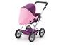 Rosa und lila Spielzeugkinderwagen mit Metallrahmen und großen Rädern