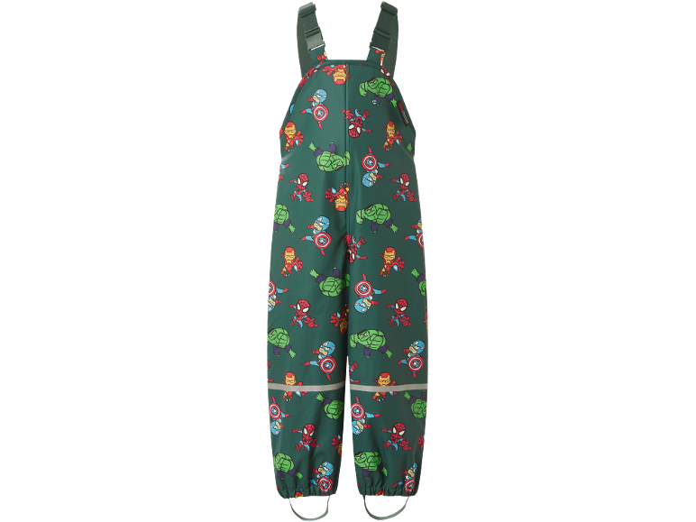 Grüne wasserdichte Kinder-Latzhose mit Superhelden-Print, verstellbaren Trägern und Reflexstreifen.