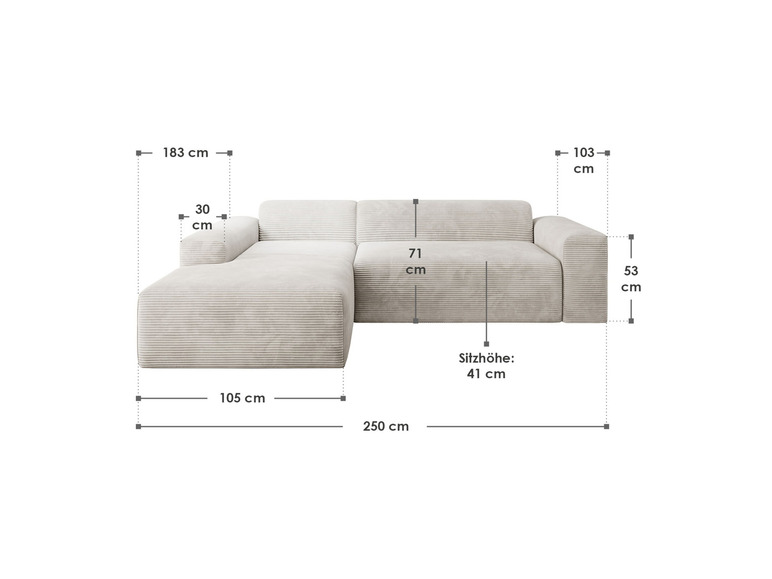Eine hellgraue Eckcouch mit Maßen.