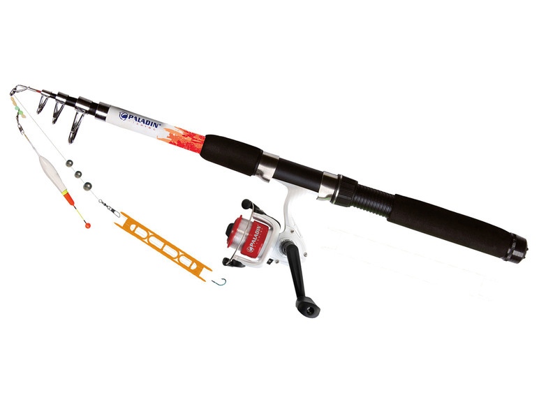 Ein Paladin Angelset mit Rute, Rolle, Schwimmer und Haken.