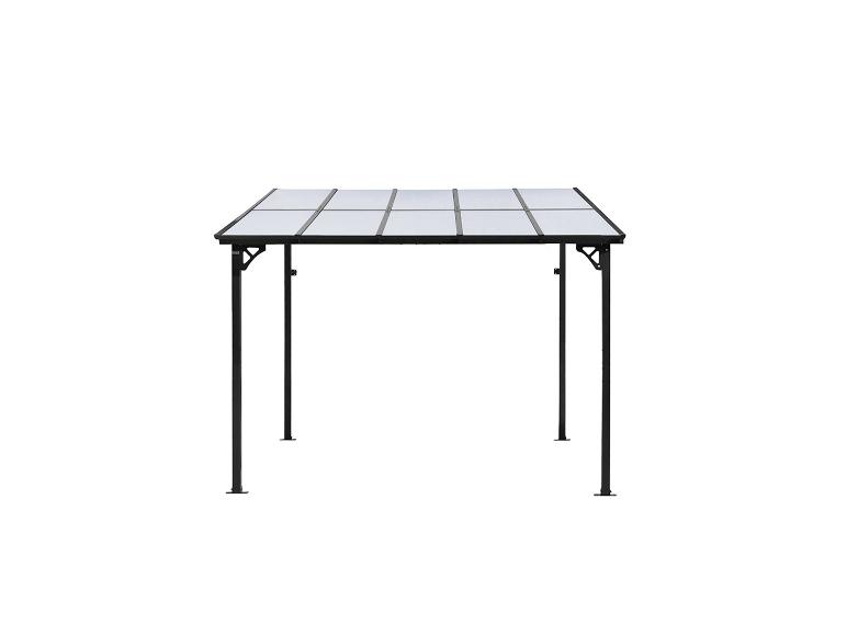 Ein Pavillon oder eine Pergola mit schwarzem Metallrahmen und transparentem Dach.