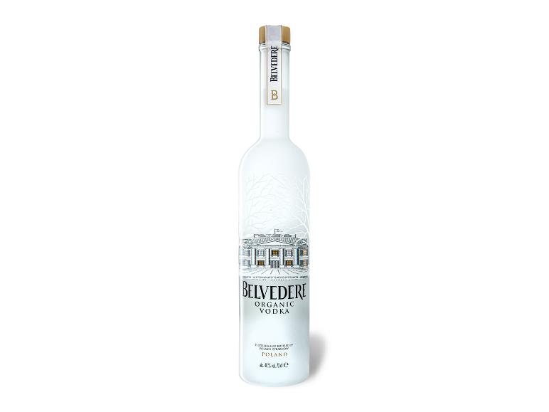 Belvedere Organic Vodka in einer weißen Flasche mit Abbildung eines Herrenhauses und Bäumen.