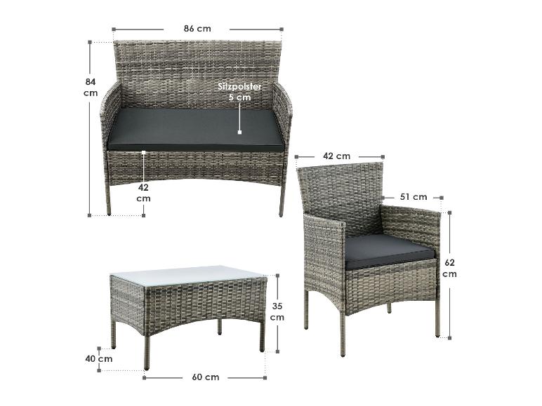 Rattan-Gartenmöbel-Set mit Sofa, Sessel und Tisch, mit 5 cm Sitzpolster.