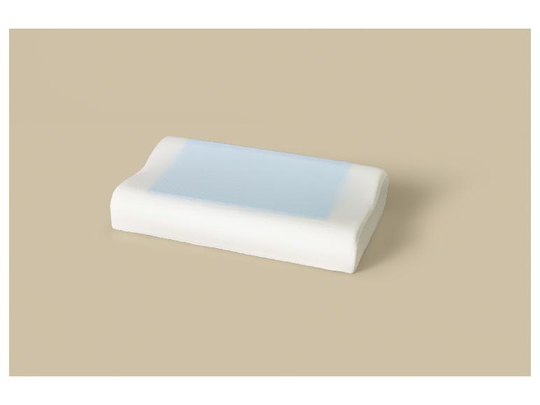Weißes Memory-Schaum-Kissen mit blauer Gelschicht für kühlen Halt.