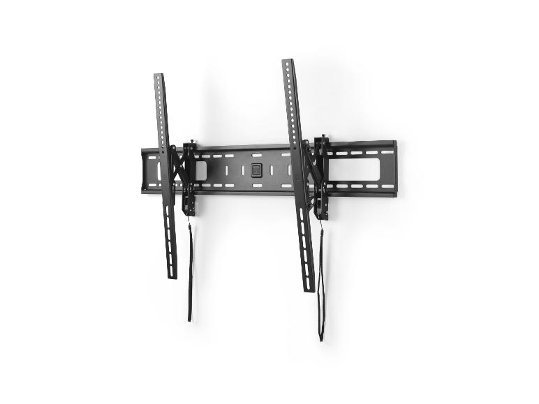 Schwarze TV-Wandhalterung mit verstellbaren Armen und Verriegelungsmechanismus.