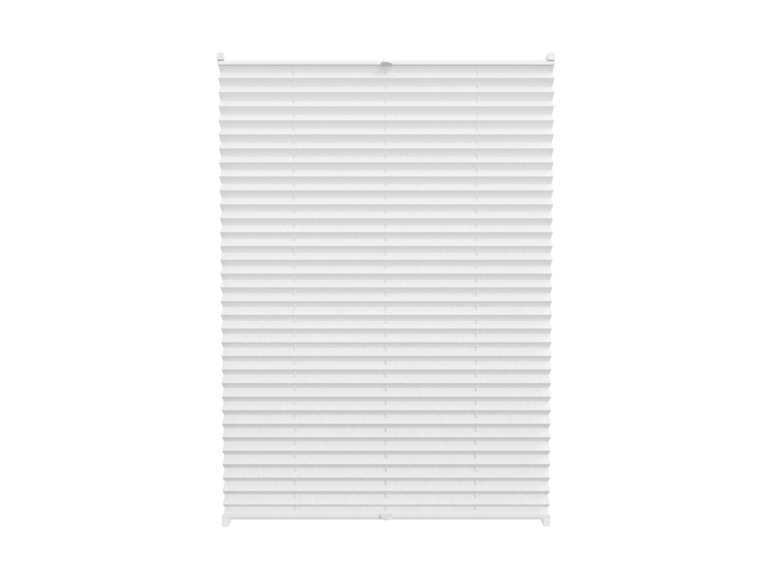 Ein weißes Plissee-Fensterrollo.