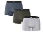 Drei Herren-Boxershorts in Blau, Grün und Grau, mit schwarzem Bund.