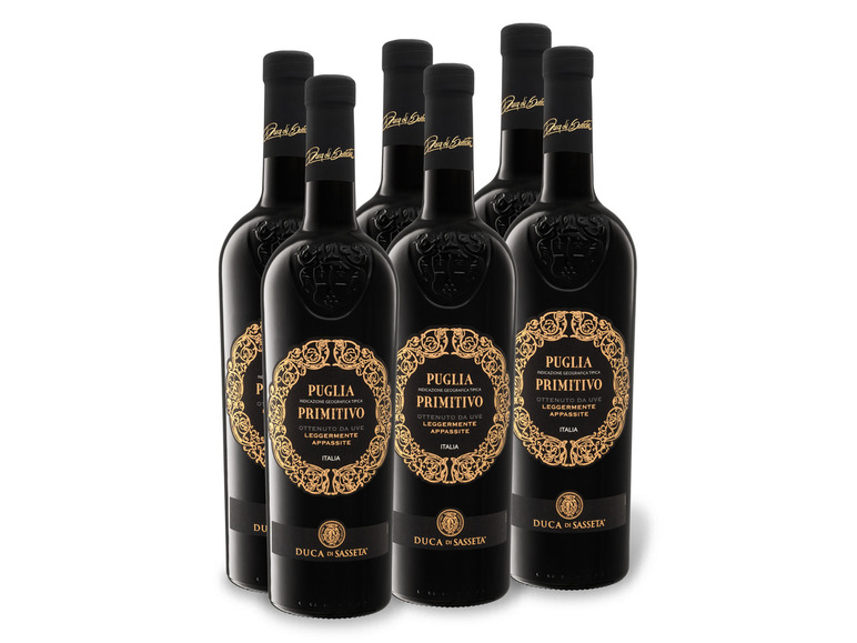 6 x 0,75-l-Flasche Weinpaket Duca di Sasseta Primitivo Puglia IGT halbtrocken, Rotwein