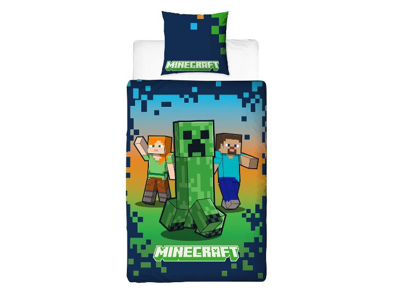 Minecraft Bettwäsche-Set mit Alex, Creeper und Steve auf pixeligem Hintergrund.