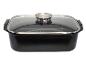 Schwarze rechteckige Auflaufform mit transparentem Glasdeckel und silbernem Knauf